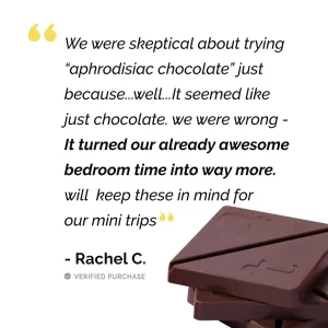 Chocolate square beside a customer testimonial
