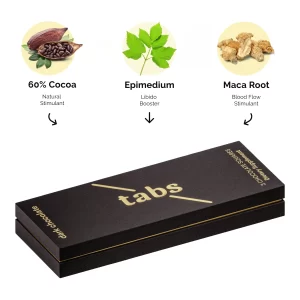 Cocoa, epimedium and maca beside a Tabs chocolate box