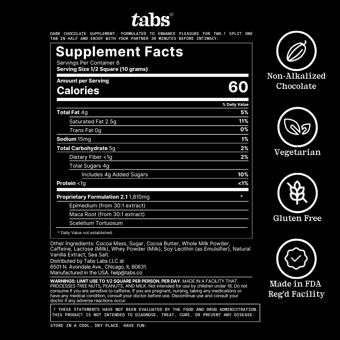 Tabs Chocolate Ingredients: Cocoa, Epimedium, Maca and the Label